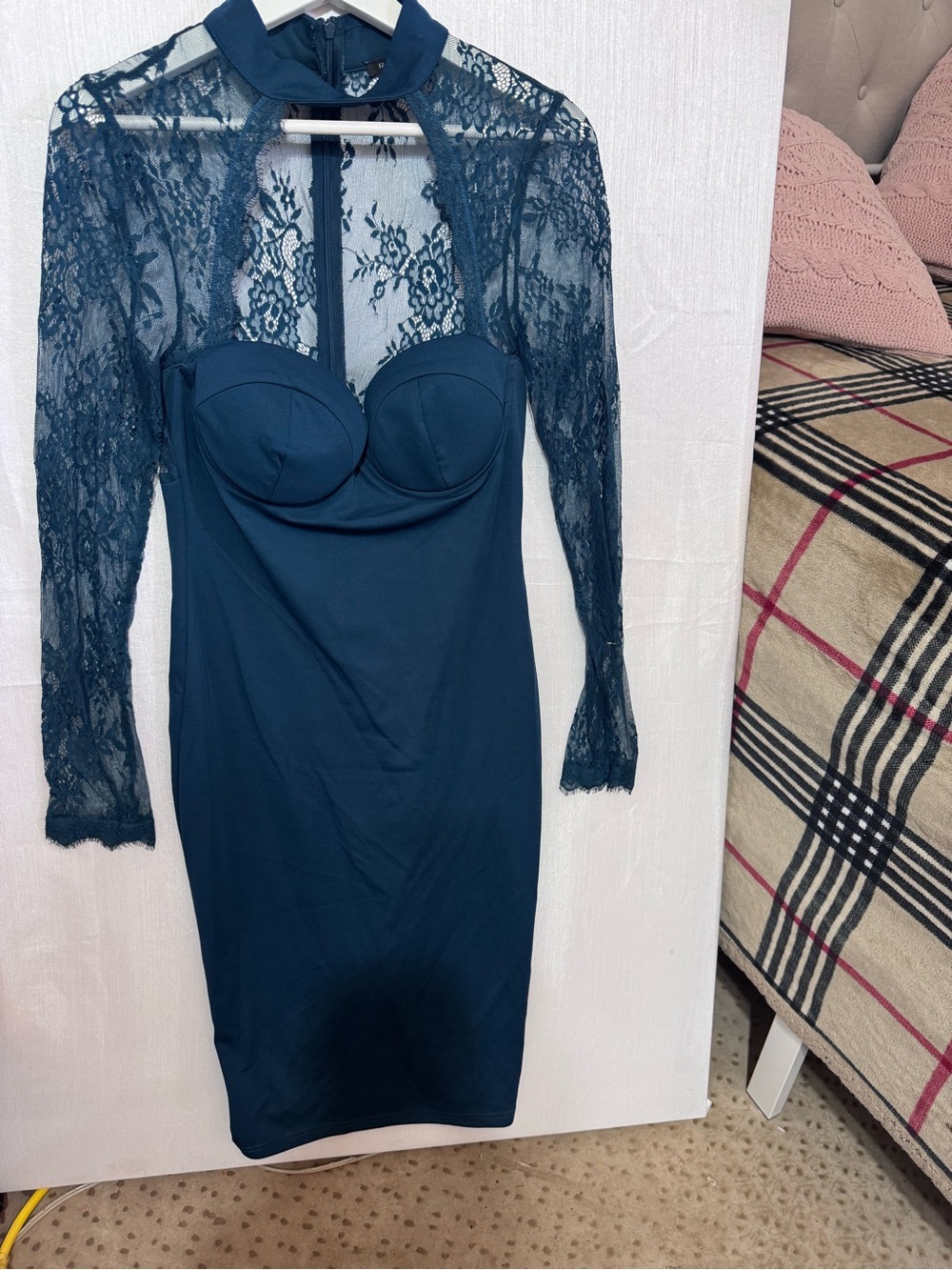 Fashion Nova Teal Lace-Trim Long Sleeve Bodycon Dress